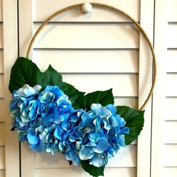 Other - 3/$10 Pastel Blue Hydrangea Azalea Flower Floral Decor Twine Tweed Hoop Wreath